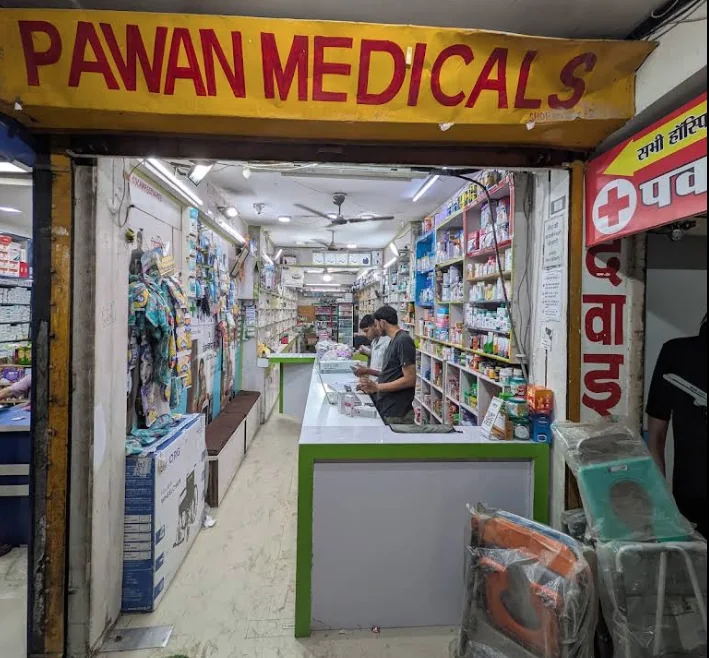Pawan Medicals storefront in Vijayant Khand, Gomti Nagar, Lucknow